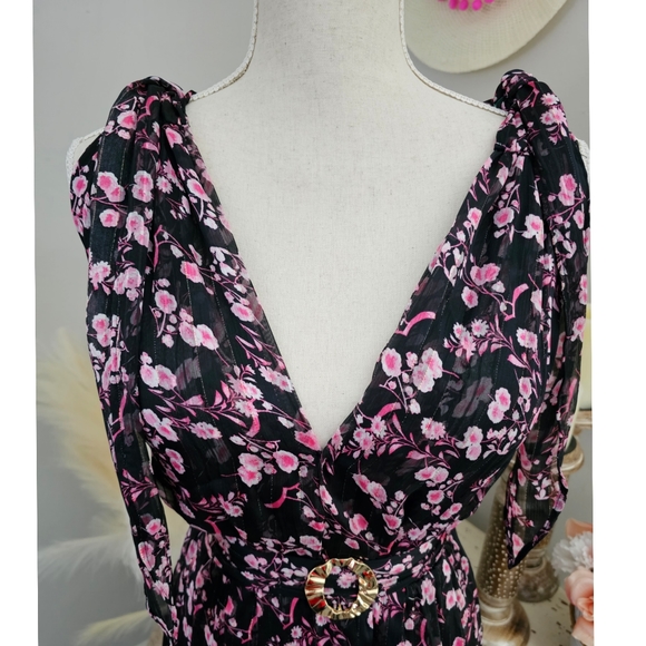 EUC Sabina Musayev Black Pink Metallic Floral Open Back Plunge V-Neck Maxi Dress - Picture 4 of 15